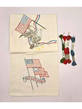 Patriotic Embroidered Linen Panels and DMC Embroidery Floss Bundle CM2295